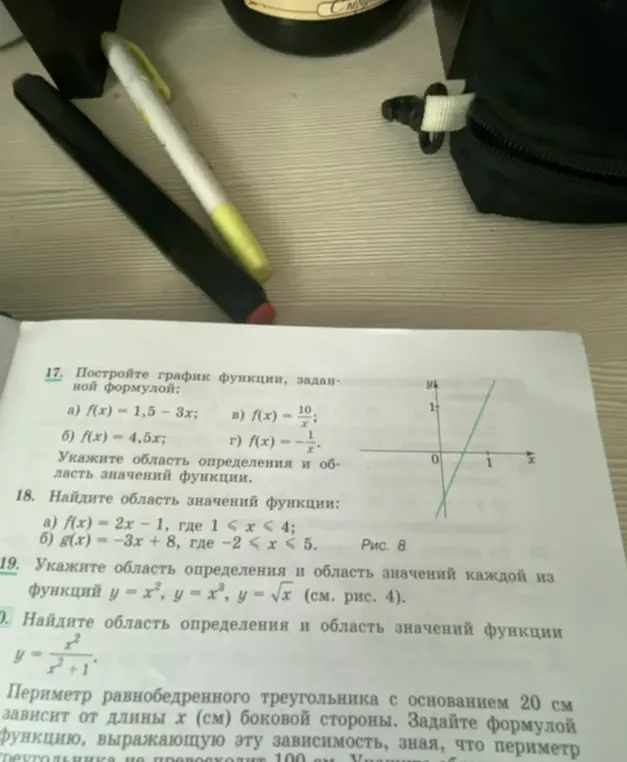 Объясни, как построить график функции f(x) = 1,5 - 3x, найти область значений функции f(x) = 2x - 1 при условии 1 ≤ x ≤ 4, указать область определения и область значений каждой из функций y = x², y = x³, y = √x, найти область определения и область значений функции y = x² / (x² + 1), задать формулой функцию, выражающую зависимость периметра равнобедренного треугольника