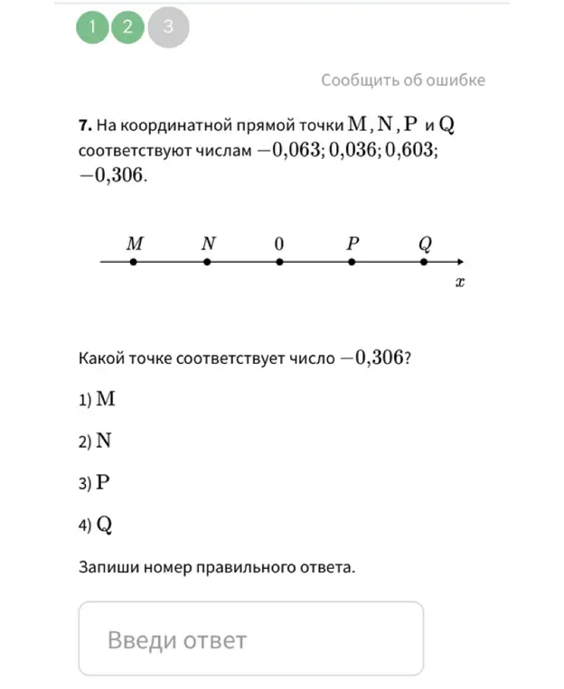 Определи, какой точке соответствует число -0,306 на координатной прямой