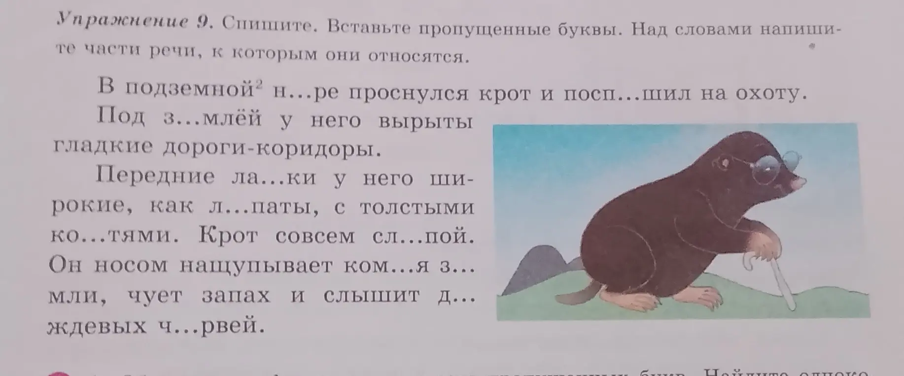 Ты просишь вставить пропущенные буквы в слова и определить части речи в упражнении.