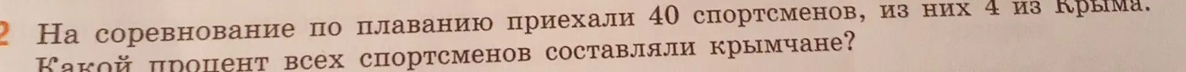 Определи, какой процент всех спортсменов составляли крымчане, если на соревнование по плаванию приехали 40 спортсменов, из них 4 из Крыма.