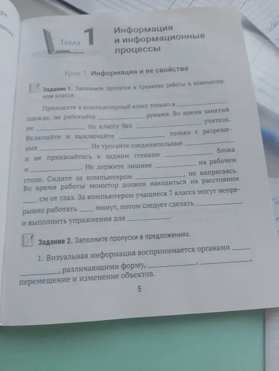Заполни, пожалуйста, пропуски в правилах работы в компьютерном классе и в предложениях про визуальную информацию.