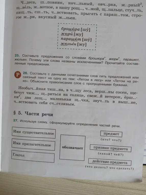 Составь предложения со словами брошюра, жюри, парашют, жюльен и объясни, почему эти слова названы исключениями.