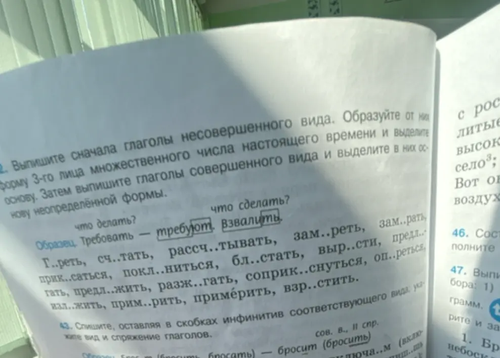 Выполни задание: выпиши глаголы несовершенного и совершенного вида, образуй от них форму 3-го лица множественного числа настоящего времени и выдели основу.