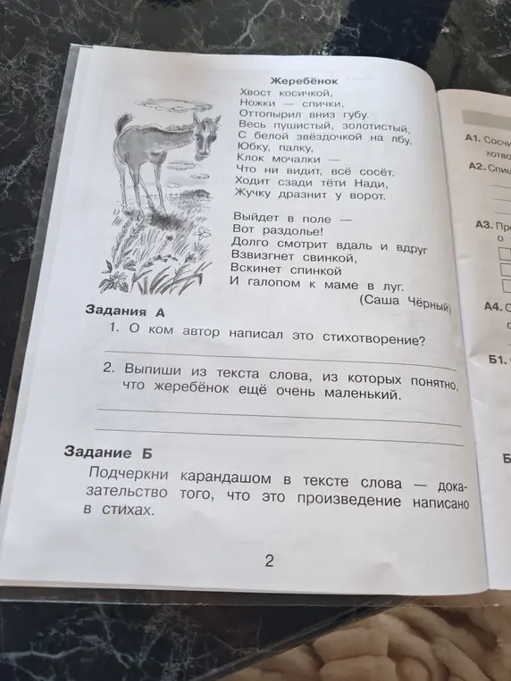 Ты просишь выполнить задания по стихотворению "Жеребёнок": ответить о ком автор написал это стихотворение, выписать слова, из которых понятно, что жеребёнок ещё очень маленький и подчеркнуть карандашом в тексте слова — доказательство того, что это произведение написано в стихах.