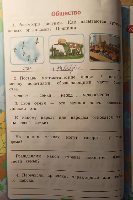 Ты просишь назвать группы живых организмов на картинках, поставить математические знаки между понятиями, обозначающими части общества, ответить на вопросы о семье и перечислить признаки, характерные для любого народа.