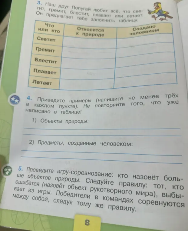 Заполни таблицу: что относится к природе, что создано человеком? Приведи примеры объектов природы и предметов, созданных человеком.