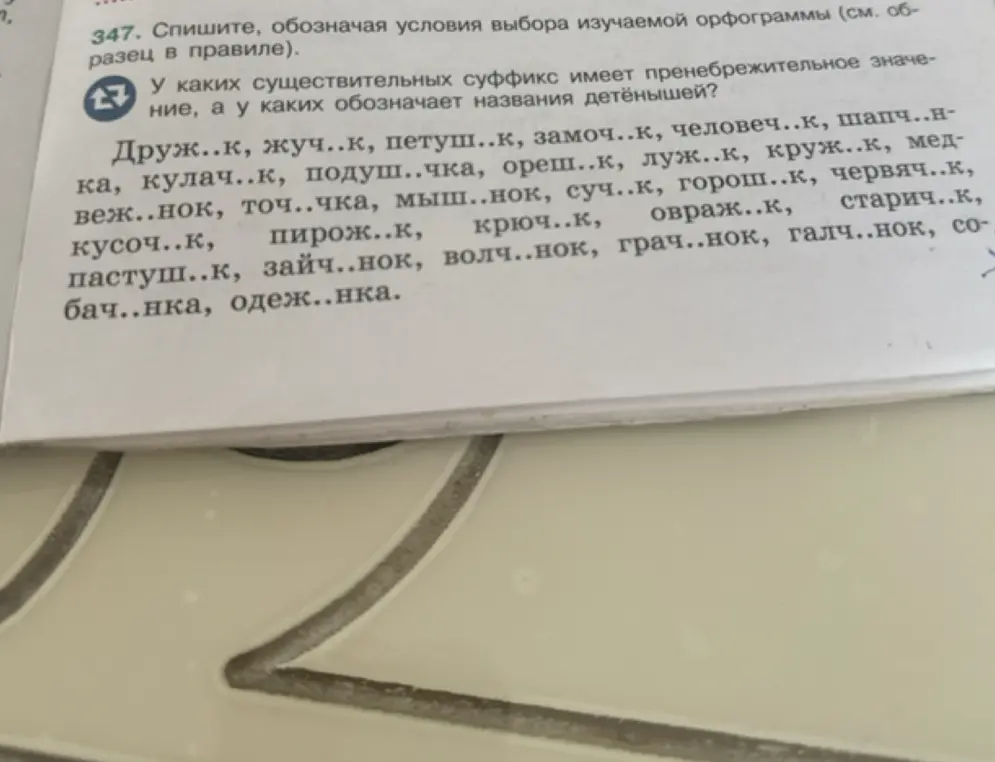 Определи, у каких существительных суффикс имеет пренебрежительное значение, а у каких обозначает названия детёнышей