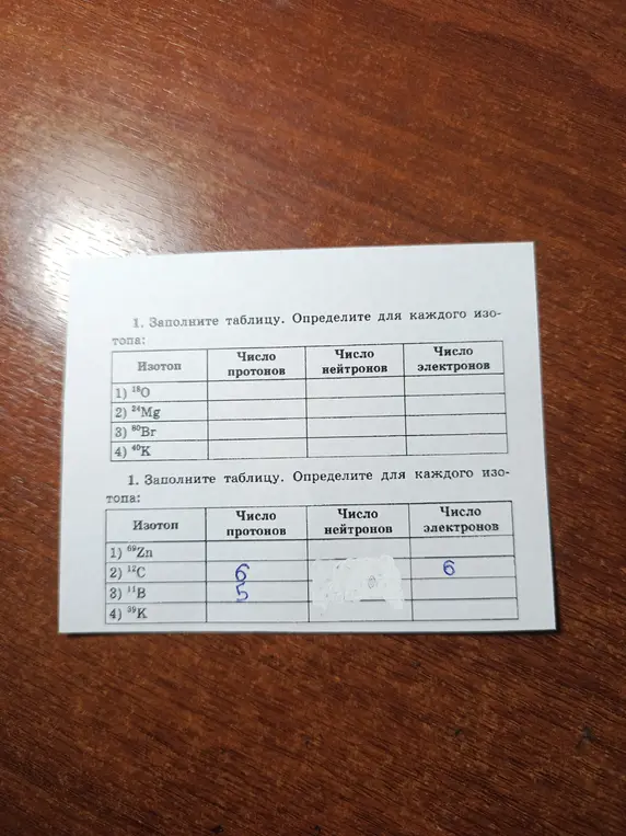 Заполни, пожалуйста, таблицу. Определи для каждого изотопа число протонов, нейтронов и электронов для изотопов  \(^{18}O\), \(^{24}Mg\), \(^{80}Br\), \(^{40}K\) и  \(^{69}Zn\), \(^{12}C\), \(^{11}B\), \(^{39}K\)