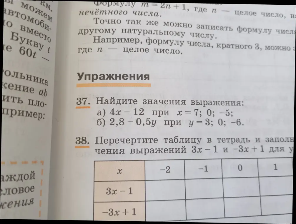 Ты просишь найти значения выражения 4x – 12 при x = 7; 0; -5