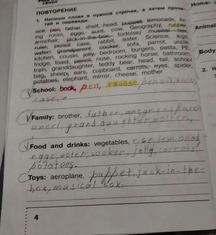 Напиши слова в нужной строчке, а затем прочитай и переведи