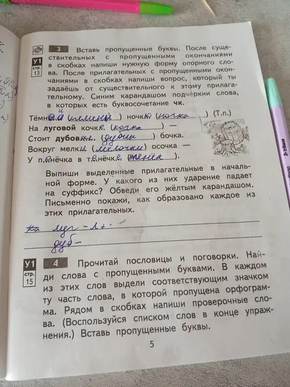 Вставь пропущенные буквы. После существительных с пропущенными окончаниями в скобках напиши нужную форму опорного слова. 