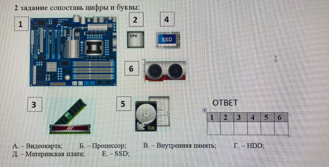 Предложи сопоставить цифры и буквы, чтобы узнать, какие компоненты компьютера изображены на картинке