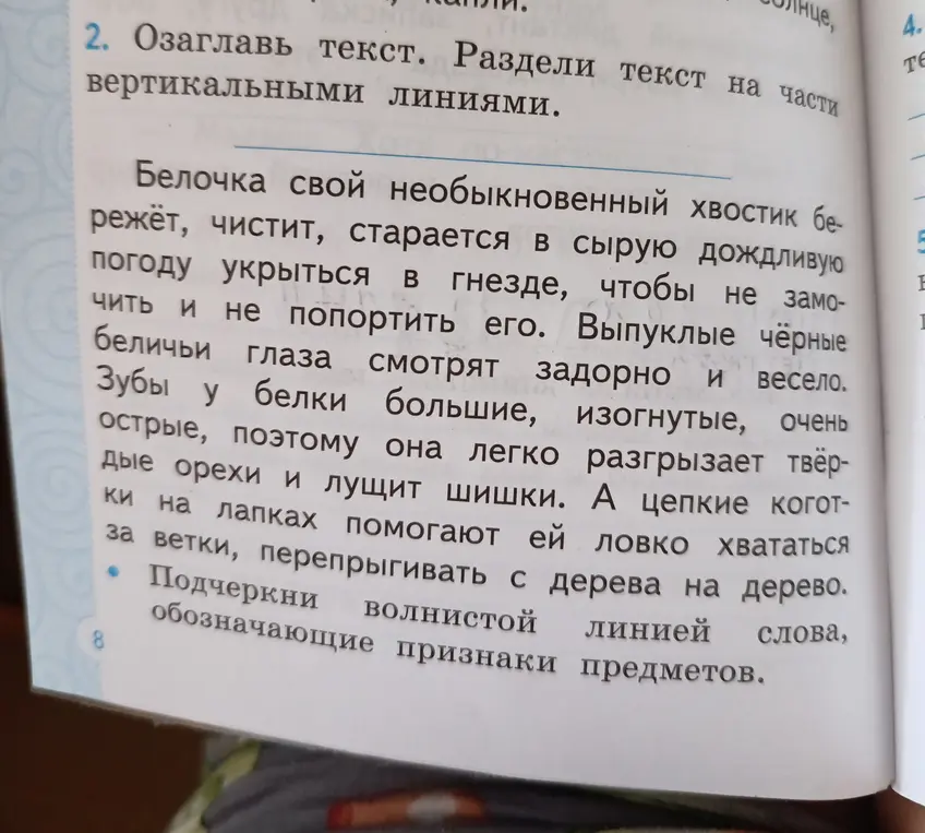 Озаглавь текст, раздели на части вертикальными линиями и подчеркни волнистой линией слова, обозначающие признаки предметов