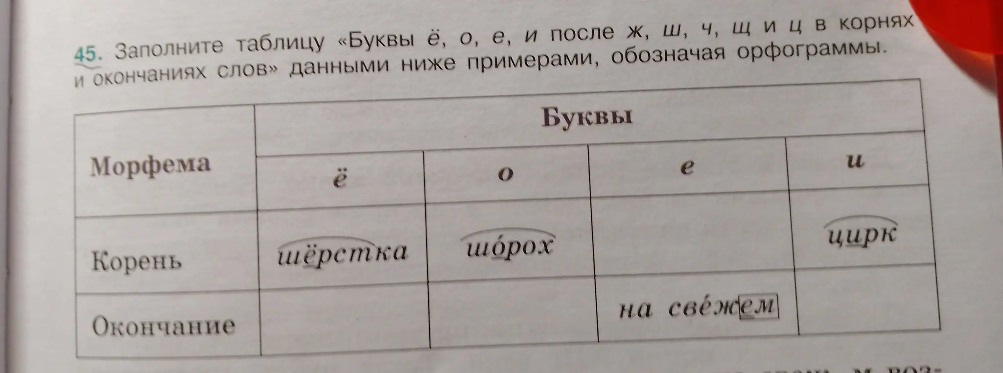 Ты просишь меня заполнить таблицу «Буквы ё, о, е, и после ж, ш, ч, щ и ц в корнях и окончаниях слов» данными ниже примерами, обозначая орфограммы.