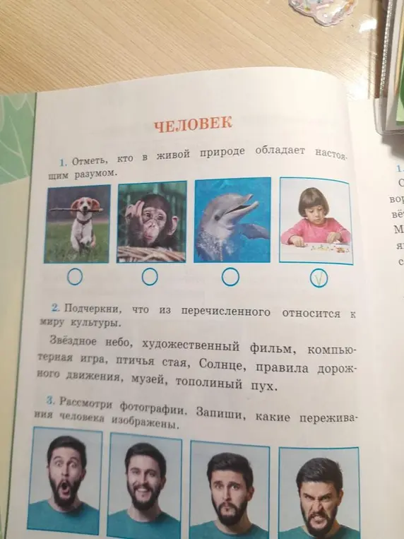 Ты просишь отметить, кто в живой природе обладает настоящим разумом, подчеркнуть, что относится к миру культуры, и записать, какие переживания человека изображены на фотографиях.