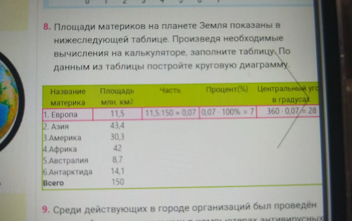 Объясни, как заполнить таблицу площадей материков, чтобы построить круговую диаграмму
