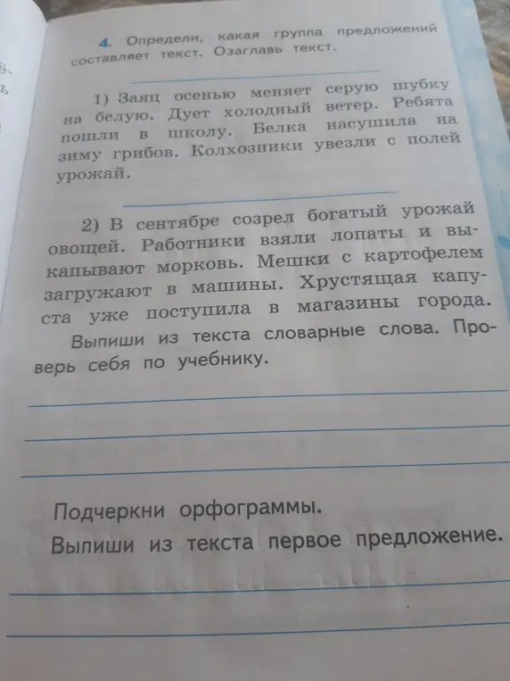 Можешь определить, какая группа предложений составляет текст? Подчеркни орфограммы в первом предложении текста. Выпиши из текста первое предложение.