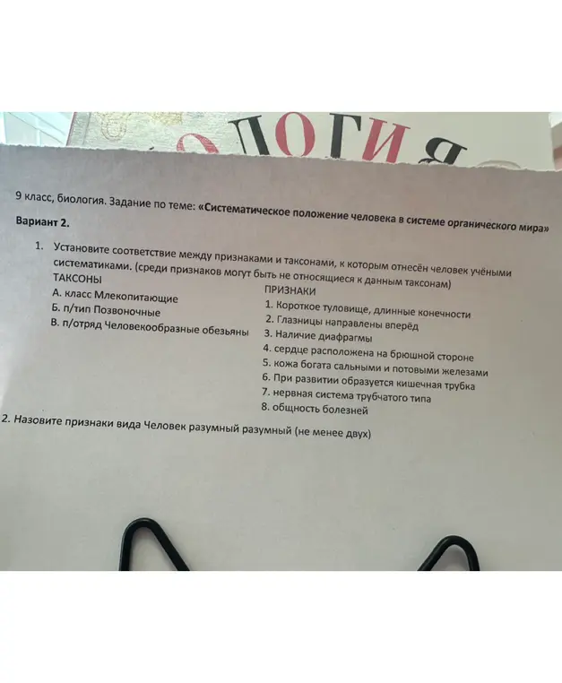 Установи соответствие между признаками и таксонами, к которым отнесён человек учёными систематиками