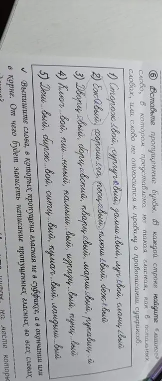 Ты просишь вставить пропущенные буквы в словах и определить лишнее слово, в котором гласная буква отличается от остальных, или слово, которое не соответствует правилам написания суффиксов.