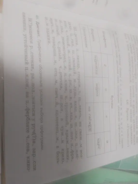 Выполни задание, заполни таблицу «Буквы е, о, ё, и после ж, ш, ч, щ и ц в корнях и окончаниях слов» данными ниже примерами, обозначая орфограммы.