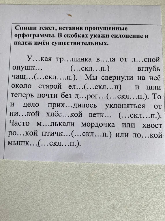 Вставь пропущенные орфограммы в текст и укажи склонение и падеж имён существительных в предложении: 'У...кая тр...пинка в...ла от л...сной опушк...'