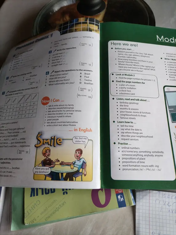 Выполни задания: complete the pairs, Ann and Fiona are sisters. surname is Harris, write the opposites, match the questions to the answers, write the missing words, complete with the correct form of the verbs be and have, complete with the possessive adjectives.