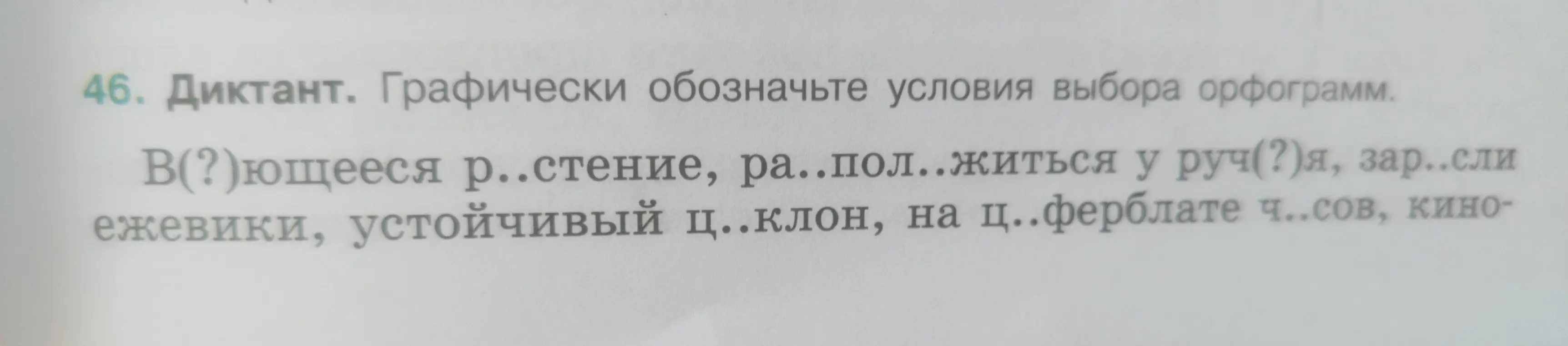 Объясни, как графически обозначить условия выбора орфограмм в диктанте: В(?)ющееся р..стение, ра..пол..житься у руч(?)я, зар..сли ежевики, устойчивый ц..клон, на ц..ферблате ч..сов, кино-