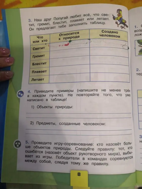 Предложи заполнить таблицу: что относится к природе и создано человеком; привести примеры объектов природы и предметов, созданных человеком.