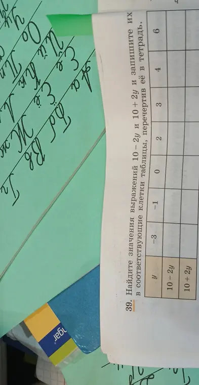 Помоги мне найти значения выражений 10-2у и 10+2у и записать их в соответствующие клетки таблицы.