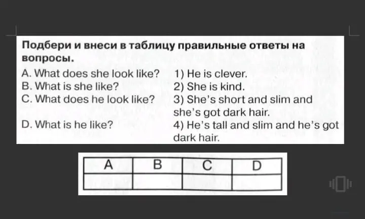 Подбери и внеси в таблицу правильные ответы на вопрос A. What does she look like?