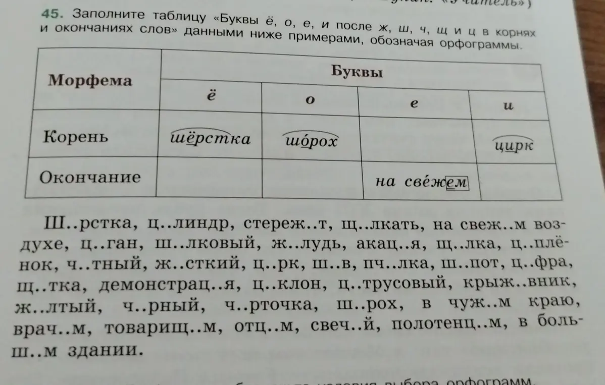 Заполни таблицу «Буквы ё, о, е, и после ж, ш, ч, щ и ц в корнях и окончаниях слов» данными ниже примерами.