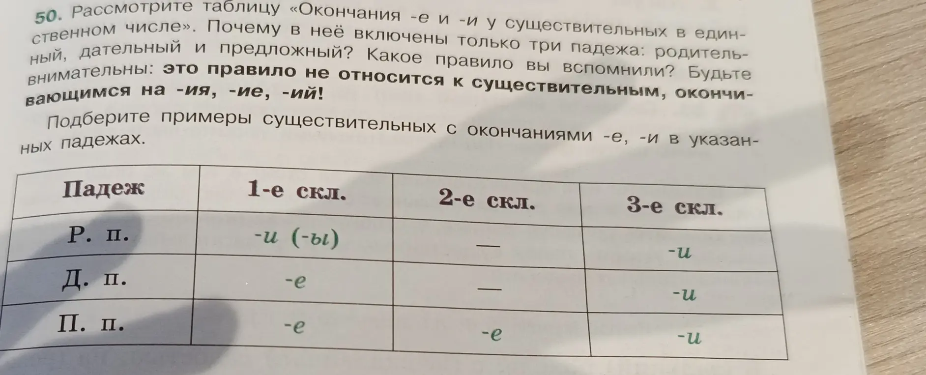 Подбери примеры существительных с окончаниями -е, -и в указанных падежах