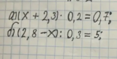 Помоги мне решить уравнения: (x + 2,3) * 0,2 = 0,7 и (2,8 - x) : 0,3 = 5