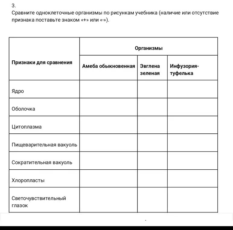Сравни одноклеточные организмы по рисункам учебника, поставь знак «+» или «-».