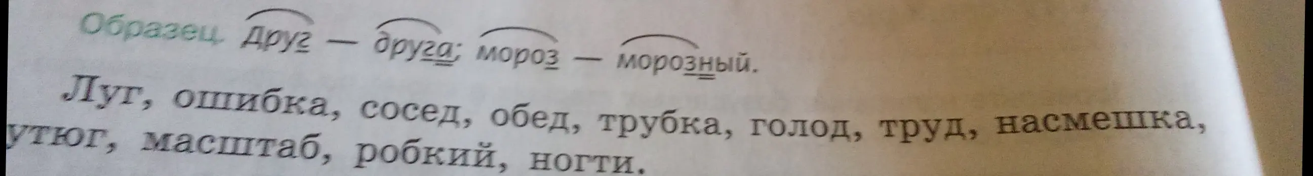 Можешь ли ты подобрать однокоренные слова из списка: луг, ошибка, сосед, обед, трубка, голод, труд, насмешка, утюг, масштаб, робкий, ногти?