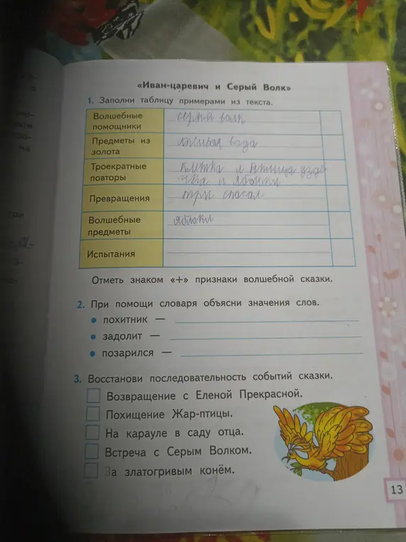 Заполни таблицу примерами из текста, отметь знаком «+» признаки волшебной сказки, объясни значения слов и восстанови последовательность событий сказки «Иван-царевич и Серый Волк».