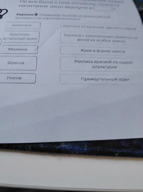Предложи решение задания: Соедини понятия из византийской культуры с их характеристиками