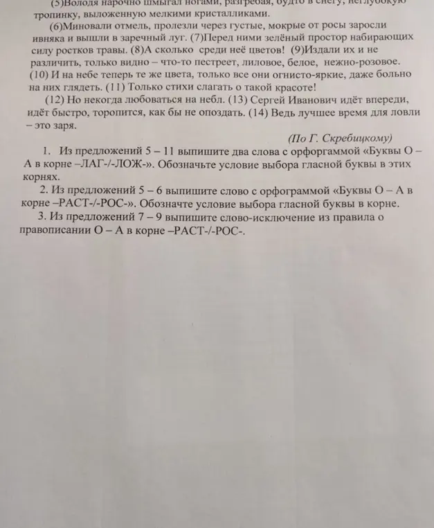 Выпиши два слова с орфограммой «Буквы О – А в корне –ЛАГ-/-ЛОЖ-» из предложений 5 - 11 и обозначь условие выбора гласной буквы в этих корнях.