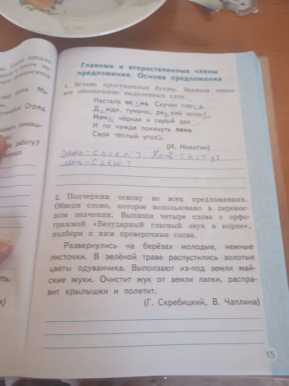 Объясни, как вставить пропущенные буквы, записать звуковое обозначение выделенных слов, подчеркнуть основу в предложениях, найти слова в переносном значении и выписать слова с безударными гласными