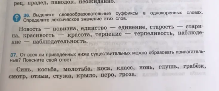Выдели словообразовательные суффиксы в однокоренных словах и определи лексическое значение этих слов в упражнении про новость и новизну.