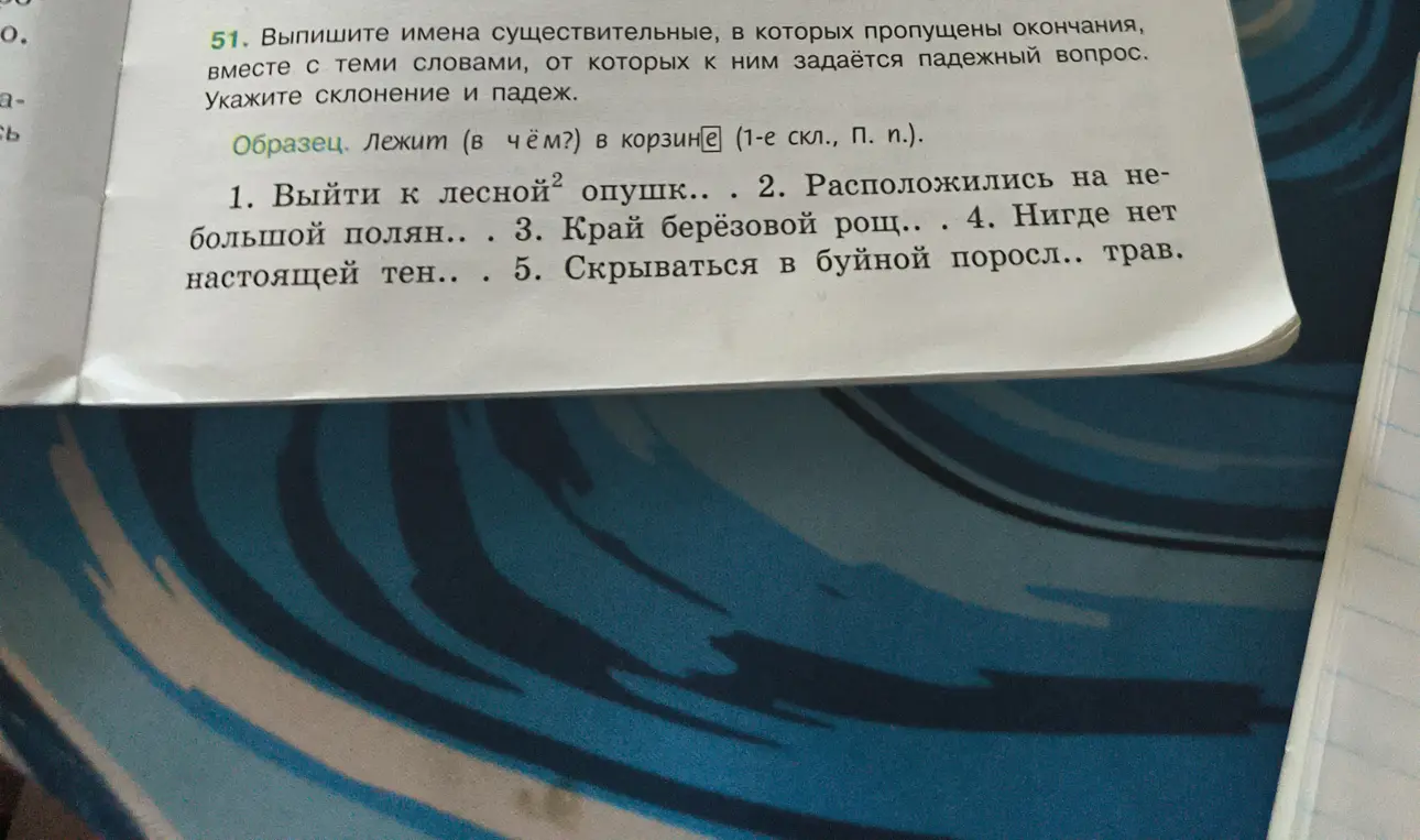 Выпиши имена существительные, в которых пропущены окончания, вместе с теми словами, от которых к ним задаётся падежный вопрос. Укажи склонение и падеж для «Выйти к лесной опушк...»