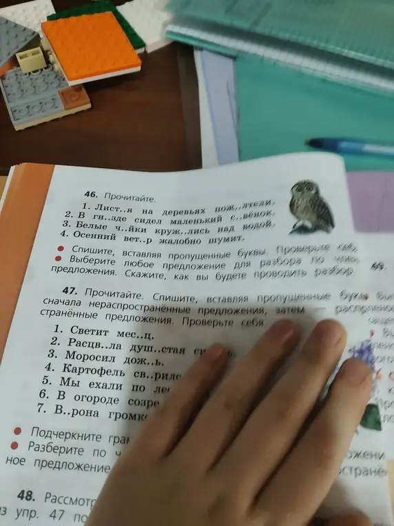 Выполни упражнение 46: спиши, вставляя пропущенные буквы, и сделай разбор предложения. Выполни упражнение 47: спиши, вставляя пропущенные буквы.