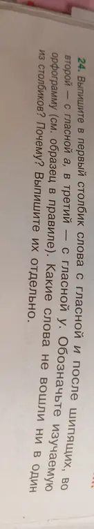 Раздели слова с шипящими в три столбика: с гласной А, с гласной У, и слова, не вошедшие ни в один из столбиков.