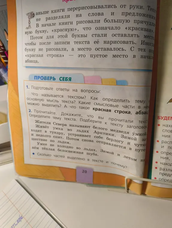 Можешь ли ты ответить на вопросы: что называется текстом? Как определить тему и основную мысль текста? Какие смысловые части в нём можно выделить? А что такое красная строка, абзац?