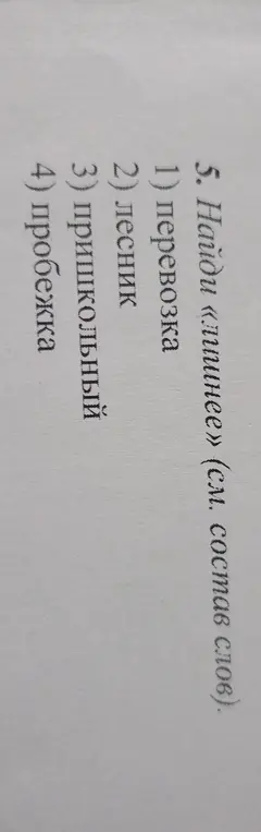 Ты просишь меня найти лишнее слово, учитывая состав слова: 1) перевозка, 2) лесник, 3) пришкольный, 4) пробежка.