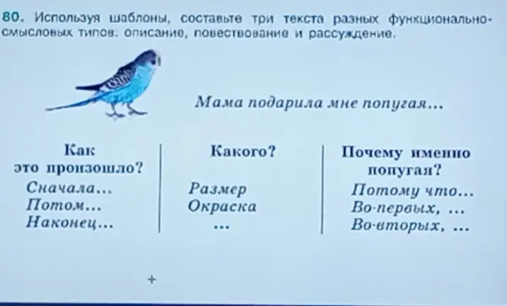 Составь три текста разных функционально-смысловых типов: описание, повествование и рассуждение