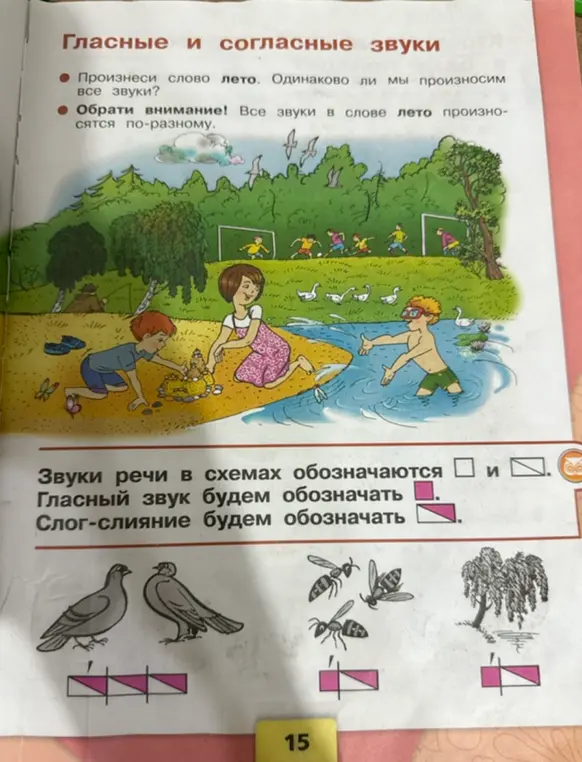 Объясни, как обозначаются звуки речи на схемах, и определи схемы слов 'голуби', 'осы', 'ива'