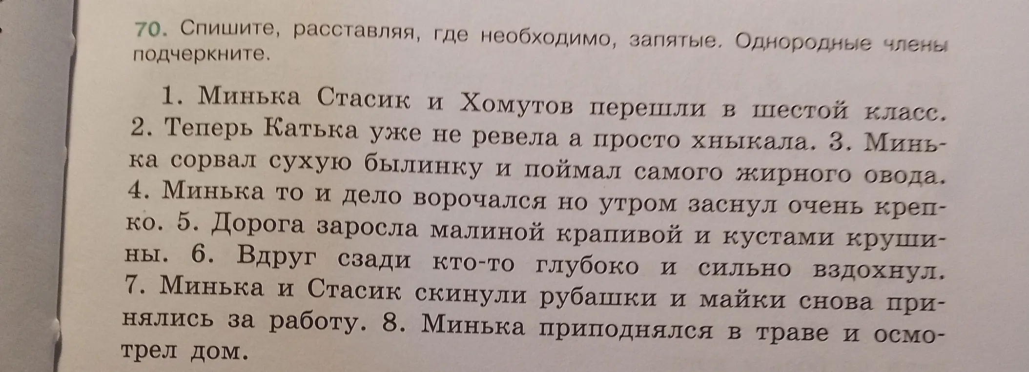 Ты просишь расставить запятые и подчеркнуть однородные члены в предложении 'Минька Стасик и Хомутов перешли в шестой класс'.