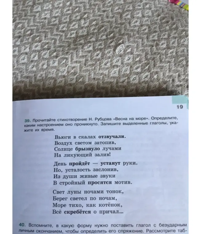 Определи настроение стихотворения Н. Рубцова «Весна на море», запиши выделенные глаголы и укажи их время.