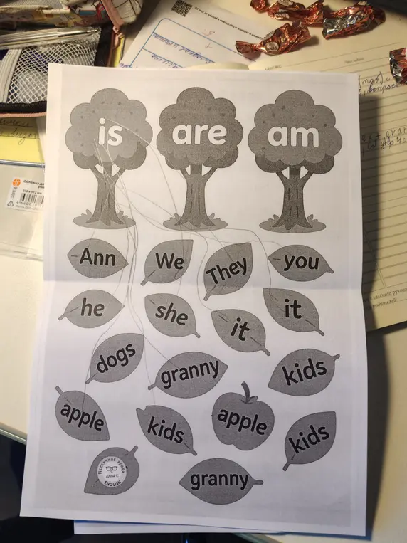 Помоги составить предложения с глаголами "is", "are", "am"